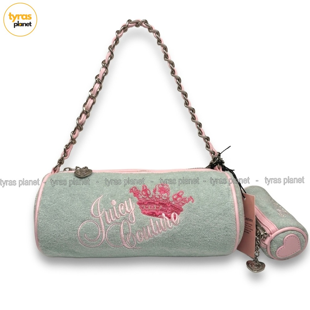 Juicy Couture Heritage Barrel Shoulder Bag Pastel Turquoise Blue Velvet Satchel